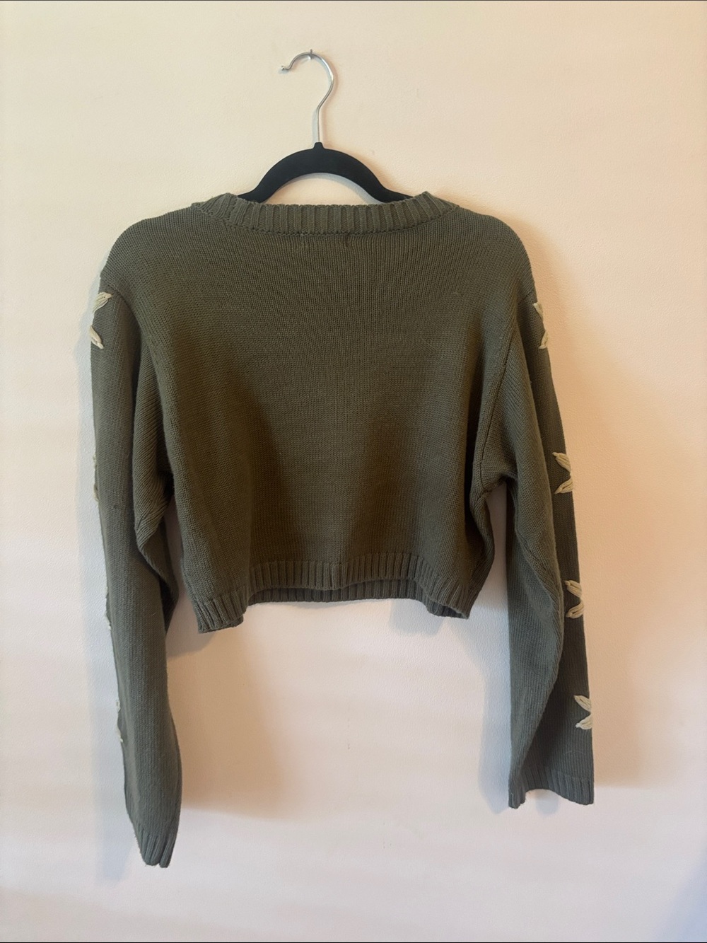 Altar’d State Olive Green Floral-Embroidered Cropped Knit Sweater - Picture 6 of 7